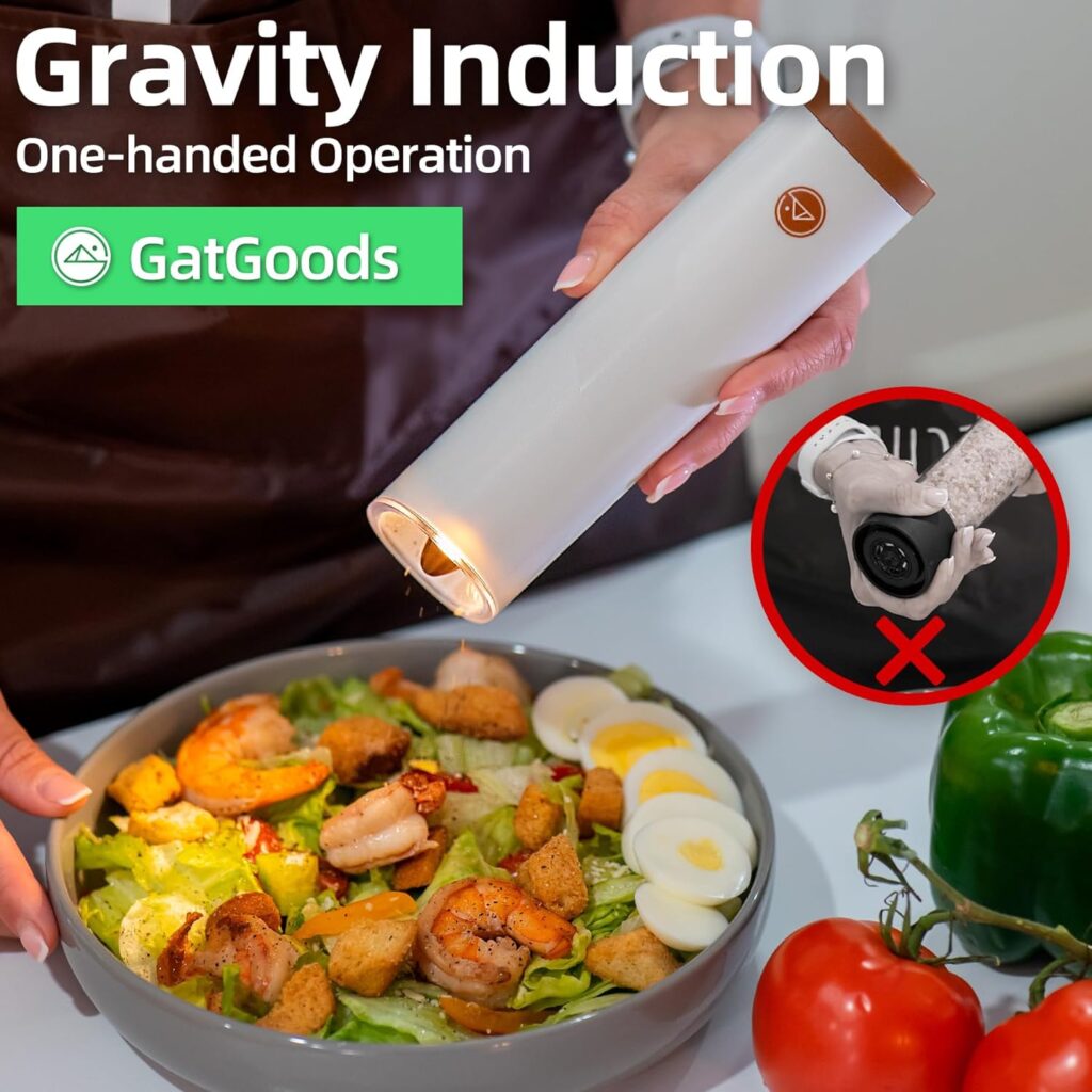 Gravity Electric Salt and Pepper Grinder Set, Adjustable Coarseness, Warm LED Light, One-handed Automatic Operation, Battery Powered, Black, Electric Pepper Mills