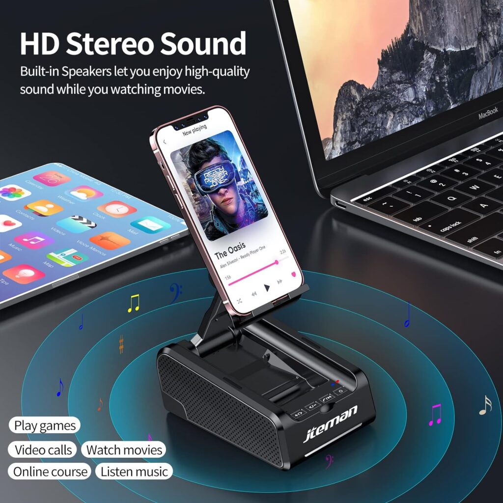 JTEMAN Phone Stand Wireless Bluetooth Speaker,Desktop Kitchen Gadgets Phone Stand,Portable Phone Stand with Speaker,Gifts for Women and Men
