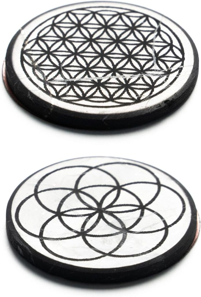 Karelian Heritage Shungite Cell Phone Flower of Life  Seed of Life Stickers Set | Polished Shungite Round Plates for Phone 2 pcs | Authentic Shungite Stones for Gadgets S576