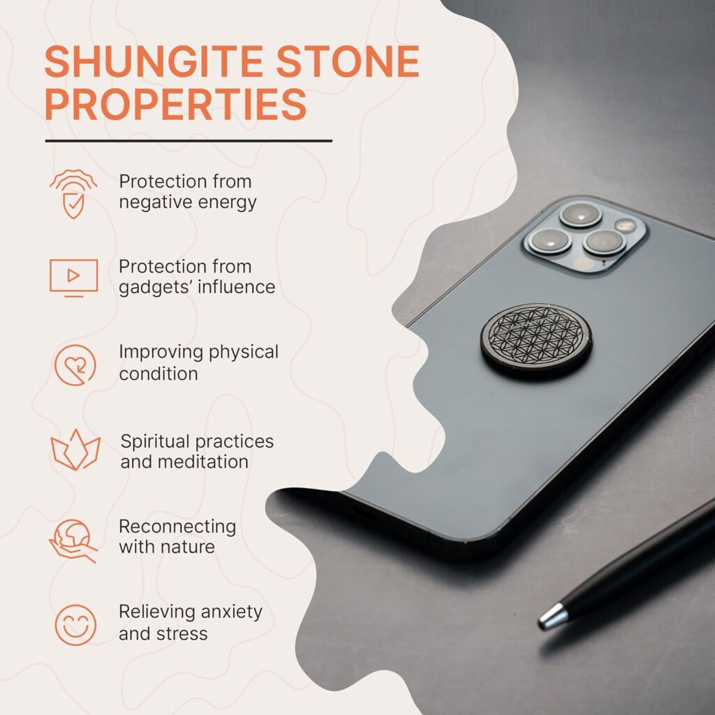 Karelian Heritage Shungite Cell Phone Flower of Life  Seed of Life Stickers Set | Polished Shungite Round Plates for Phone 2 pcs | Authentic Shungite Stones for Gadgets S576