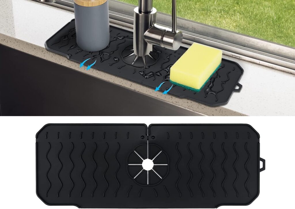 Kitchen Sink Splash Guard, Silicone Faucet Handle Drip Catcher Tray, Dish Soap Dispenser Sponge Holder Behind Faucet, 2023 Kitchen Gadgets Sink Accessories for Kitchen Counter, RV, Bathroom, Camper