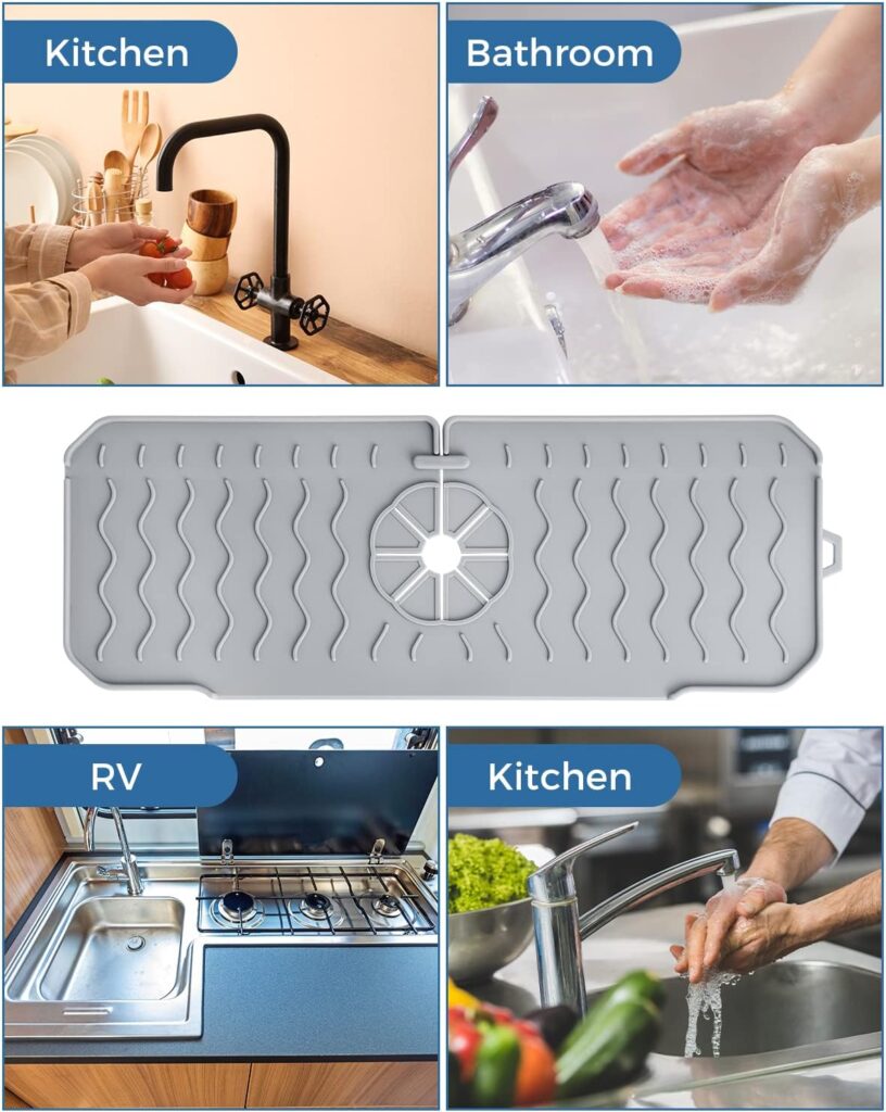 Kitchen Sink Splash Guard, Silicone Faucet Handle Drip Catcher Tray, Dish Soap Dispenser Sponge Holder Behind Faucet, 2023 Kitchen Gadgets Sink Accessories for Kitchen Counter, RV, Bathroom, Camper