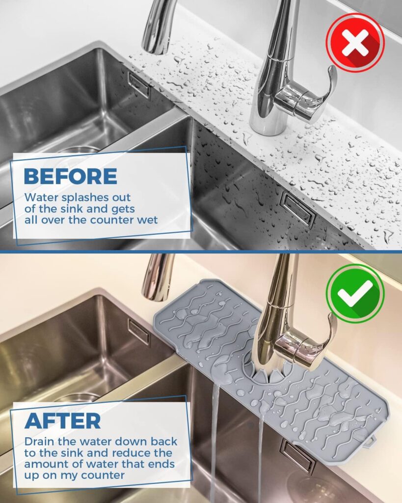 Kitchen Sink Splash Guard, Silicone Faucet Handle Drip Catcher Tray, Dish Soap Dispenser Sponge Holder Behind Faucet, 2023 Kitchen Gadgets Sink Accessories for Kitchen Counter, RV, Bathroom, Camper