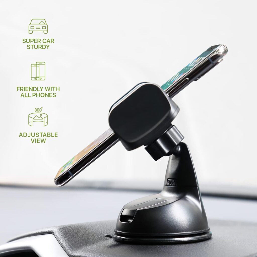 LAX Gadgets Premium Phone Car Mount - Strong Suction Cup Movable Jaws- Car Mount with Powerful Suction Cup for Windshield or Dashboard for All Smartphones - Black