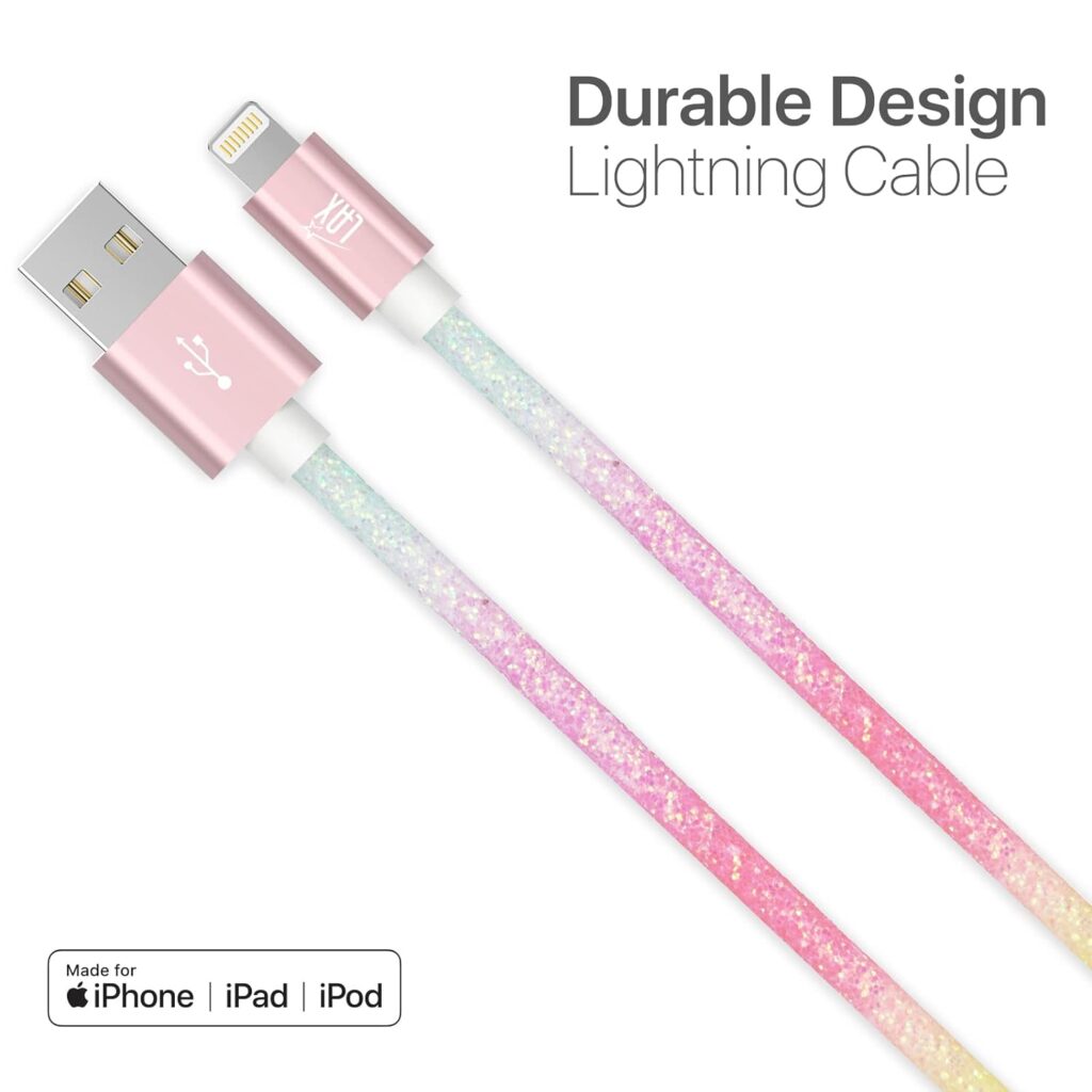 LAX Glitter Nylon Braided [Apple MFi Certified] Fast Charger iPhone Lightning Cable, iPhone Cord Compatible with iPhone 14/13 /12/11 Pro Max/XS MAX/XR/XS/X/8/7/SE/6S/ iPad  More (10FT-Pastel RBOW)