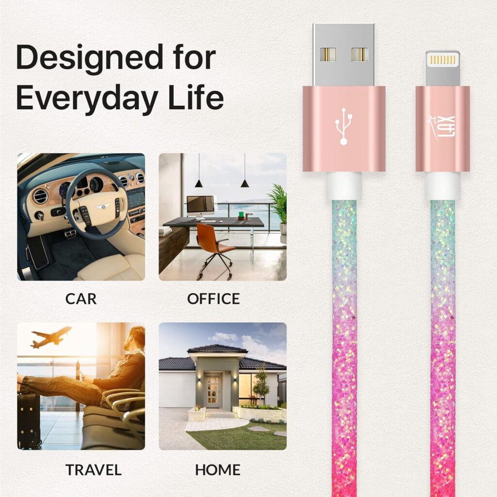 LAX Glitter Nylon Braided [Apple MFi Certified] Fast Charger iPhone Lightning Cable, iPhone Cord Compatible with iPhone 14/13 /12/11 Pro Max/XS MAX/XR/XS/X/8/7/SE/6S/ iPad  More (10FT-Pastel RBOW)