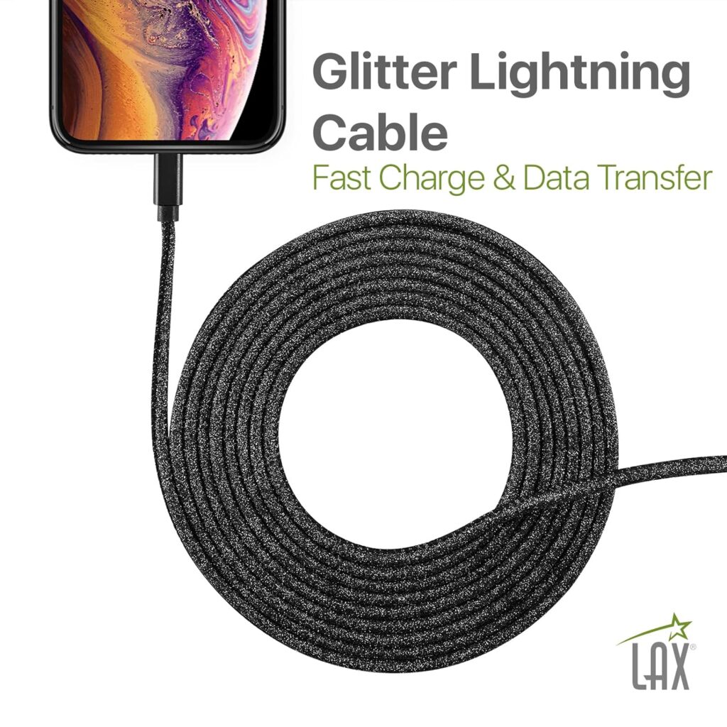 LAX Glitter Nylon Braided [Apple MFi Certified] Fast Charger iPhone Lightning Cable, iPhone Cord Compatible with iPhone 14/13 /12/11 Pro Max/XS MAX/XR/XS/X/8/7/SE/6S/ iPad  More (10FT-Pastel RBOW)
