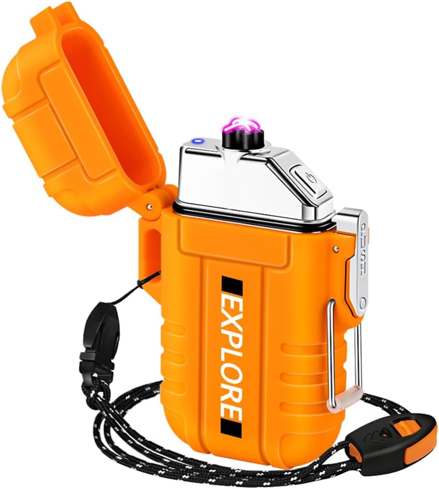 LcFun Electric Lighter USB C Rechargeable Lighter Windproof Arc Lighter Waterproof Flameless Dual Arc Plasma Lighters with Emergency Whistle for Adventure, Survival Tactical, Camping Gadgets (Orange)