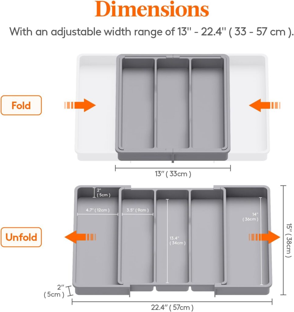 Lifewit Utensil Organizer for Kitchen Drawers, Expandable Cooking Utensil Tray, Adjustable Cutlery Silverware Flatware Holder, Plastic Kitchen Spatula Tools and Gadgets Storage Divider, Large, Gray