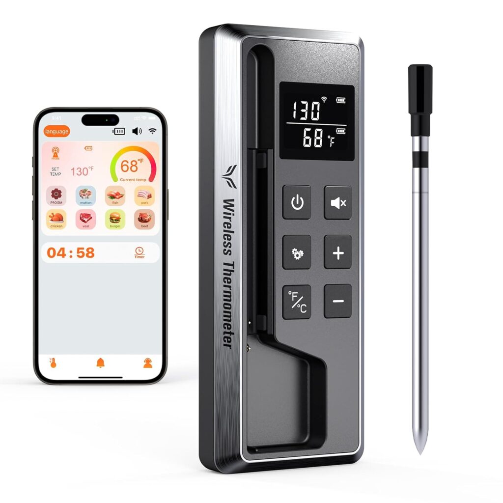 Meat Thermometer Digital Wireless, 800FT Long Range Bluetooth Cooking Thermometer, Food Thermometer for Remote Monitoring of Grill, Oven, Smoker, Air Fryer, Rotisserie, iOS  Android App