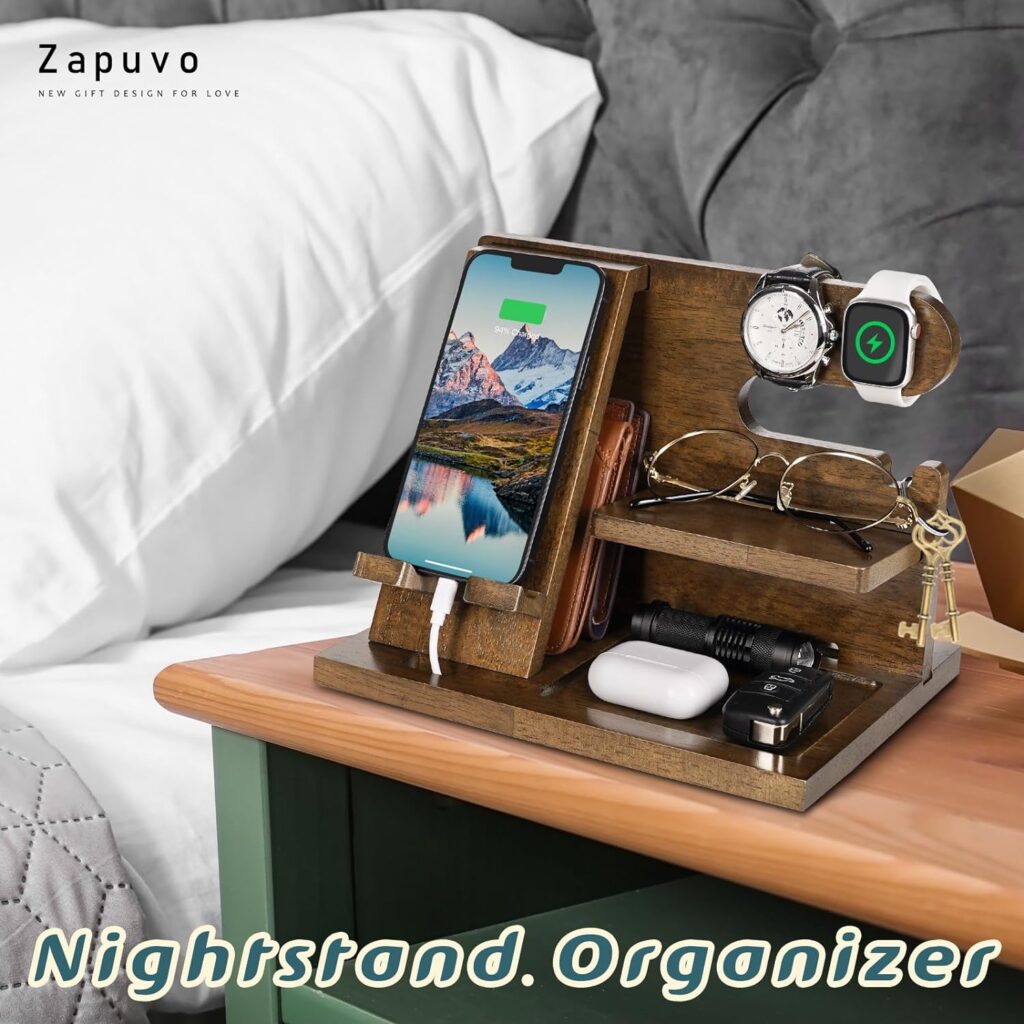 Men Gifts for Dad Husband Fathers Day from Daughter Son Wife, Wood Phone Docking Station with Drawer Nightstand Organizer, Birthday Gifts for Him Anniversary, Cool Christmas Gadgets for Papa