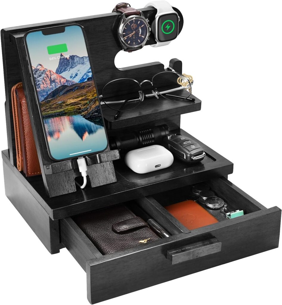Men Gifts for Dad Husband Fathers Day from Daughter Son Wife, Wood Phone Docking Station with Drawer Nightstand Organizer, Birthday Gifts for Him Anniversary, Cool Christmas Gadgets for Papa