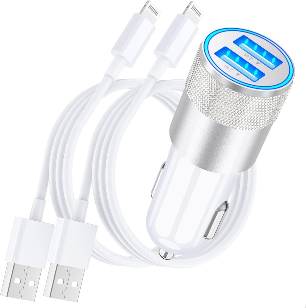 【MFi Certified】iPhone Car Charger Fast Charging, Rombica 4.8A Dual USB Smart Power Cigarette Lighter USB Car Charger with 2Pack Lightning to USB Cable for iPhone 14/13/12/11/XS/XR/SE/X 8/iPad/AirPods
