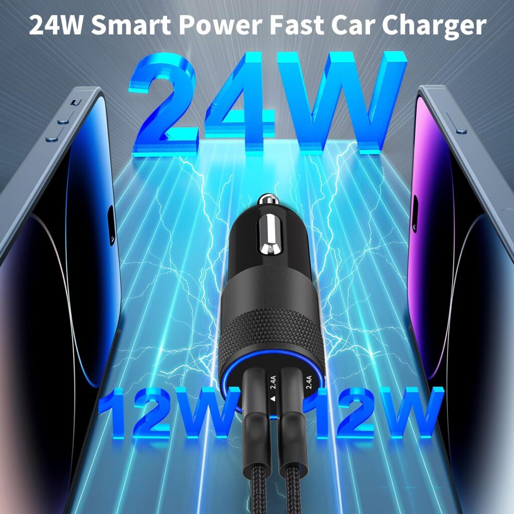 【MFi Certified】iPhone Car Charger Fast Charging, Rombica 4.8A Dual USB Smart Power Cigarette Lighter USB Car Charger with 2Pack Lightning to USB Cable for iPhone 14/13/12/11/XS/XR/SE/X 8/iPad/AirPods