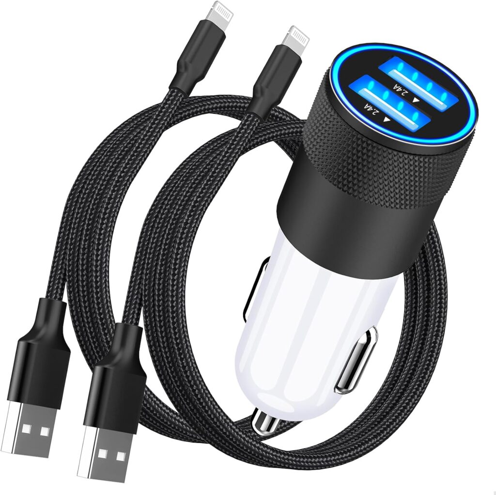 【MFi Certified】iPhone Car Charger Fast Charging, Rombica 4.8A Dual USB Smart Power Cigarette Lighter USB Car Charger with 2Pack Lightning to USB Cable for iPhone 14/13/12/11/XS/XR/SE/X 8/iPad/AirPods