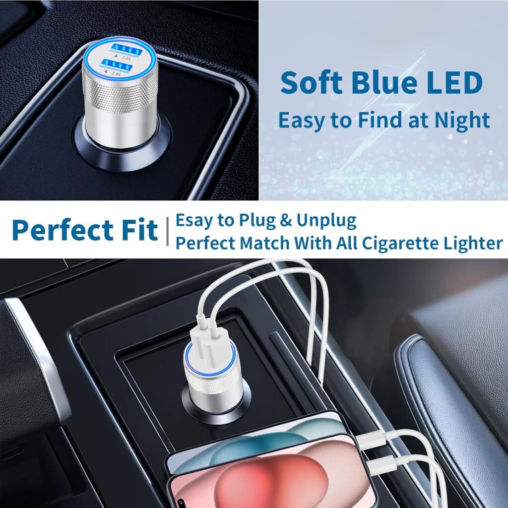 【MFi Certified】iPhone Car Charger Fast Charging, Rombica 4.8A Dual USB Smart Power Cigarette Lighter USB Car Charger with 2Pack Lightning to USB Cable for iPhone 14/13/12/11/XS/XR/SE/X 8/iPad/AirPods