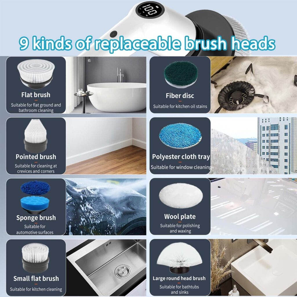 MGLSDeet Electric Spin Scrubber Rechargeable Cleaning Brush with 9 Replaceable Brush Heads, Cordless and Portable Power Scrubber, Bathroom Scrubber for Cleaning Tile, Sink, Window, Floor, Tub, Car