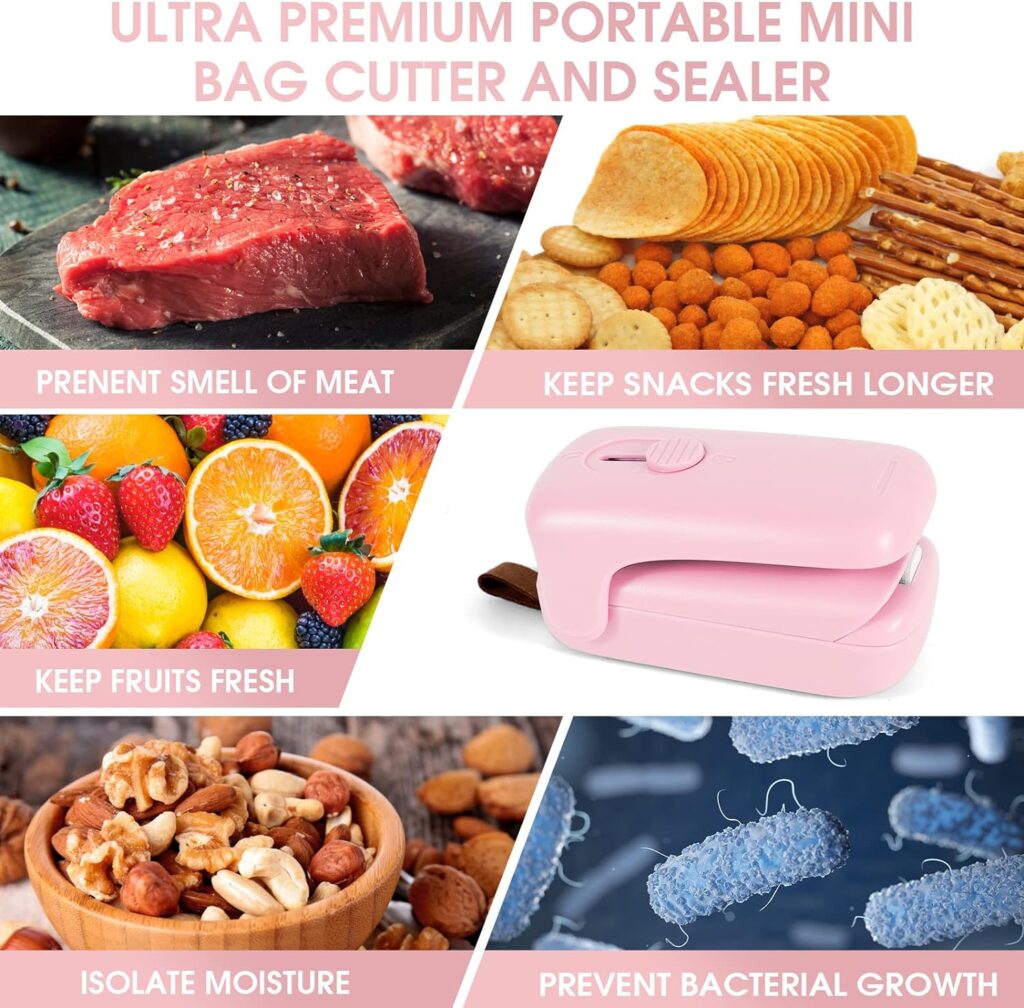 Mini Bag Sealer, ROMSTO Handheld Heat Vacuum Sealer, 2 in 1 Sealer and Cutter with Lanyard, Portable Resealer Machine for Plastic Bags Food Storage Snacks Freshness (2xAA Batteries Included)