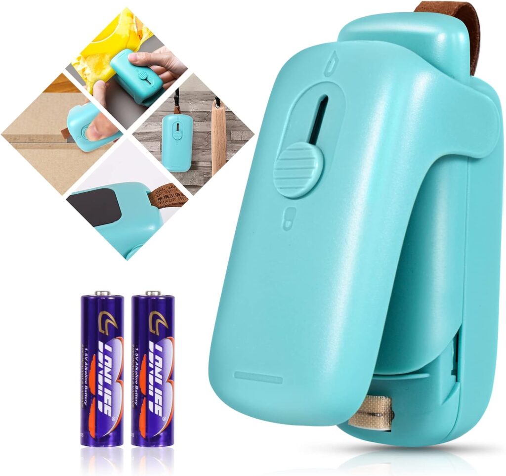 Mini Bag Sealer, ROMSTO Handheld Heat Vacuum Sealer, 2 in 1 Sealer and Cutter with Lanyard, Portable Resealer Machine for Plastic Bags Food Storage Snacks Freshness (2xAA Batteries Included)