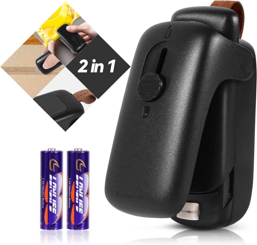 Mini Bag Sealer, ROMSTO Handheld Heat Vacuum Sealer, 2 in 1 Sealer and Cutter with Lanyard, Portable Resealer Machine for Plastic Bags Food Storage Snacks Freshness (2xAA Batteries Included)