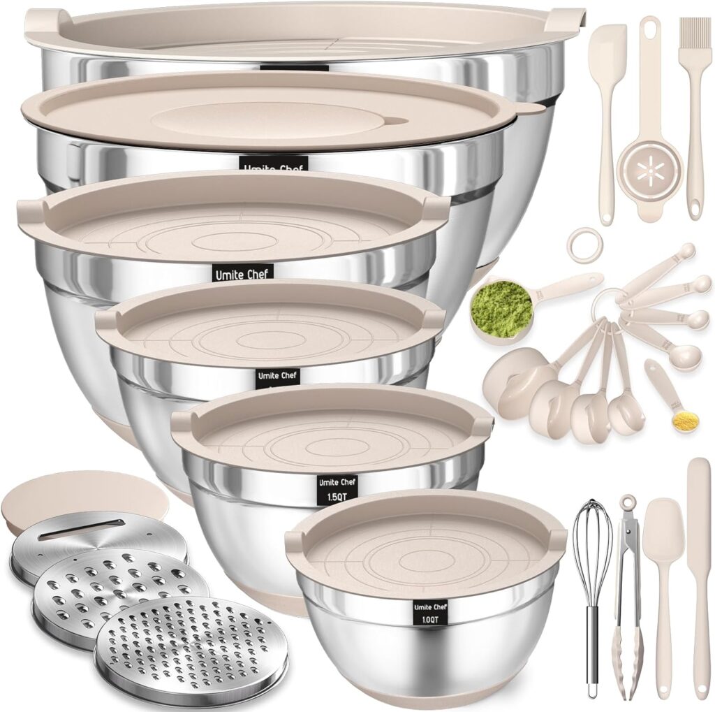 Mixing Bowls with Airtight Lids Set, 26PCS Stainless Steel Khaki Bowls with Grater Attachments, Non-Slip Bottoms  Kitchen Gadgets Set, Size 7, 4, 2.5, 2.0,1.5, 1QT, Great for Mixing  Serving