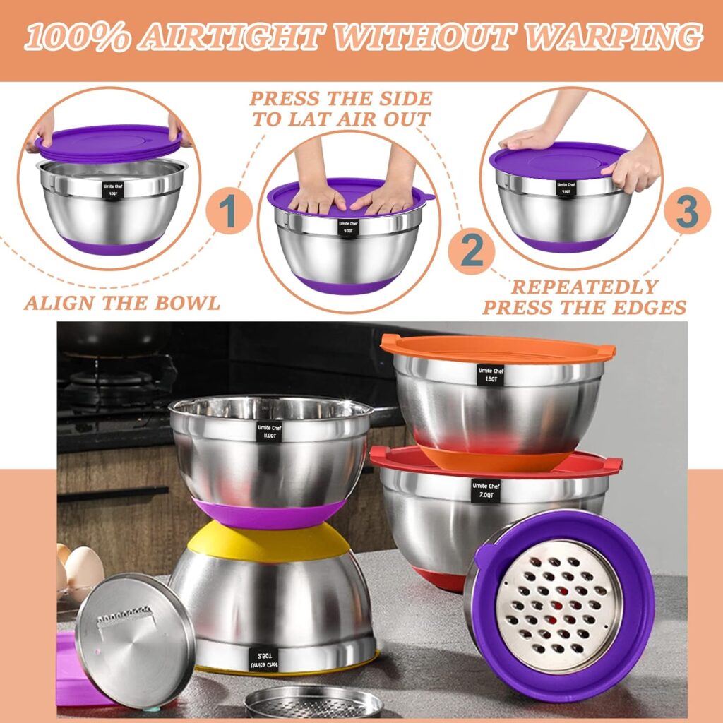 Mixing Bowls with Airtight Lids Set, 26PCS Stainless Steel Khaki Bowls with Grater Attachments, Non-Slip Bottoms  Kitchen Gadgets Set, Size 7, 4, 2.5, 2.0,1.5, 1QT, Great for Mixing  Serving