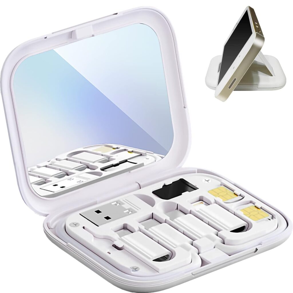 Multi-Functional Compact Cable Card, Portable Storage Box with USB A/Type C/Micro USB/Light USB Adapter Kit, PD 60W Charging and Data Transfer Cable Kit, Sim Card Tray Eject Tool and Slots - Black