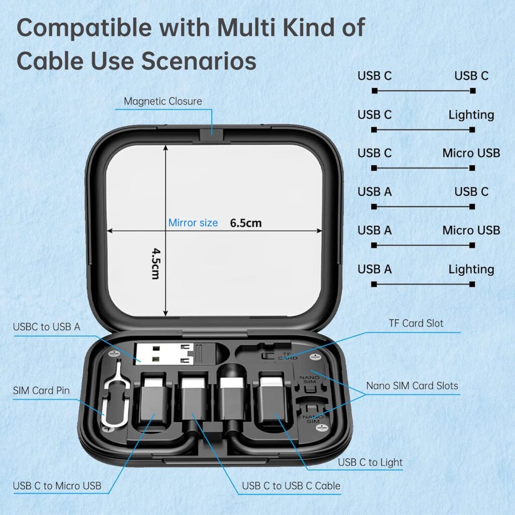 Multi-Functional Compact Cable Card, Portable Storage Box with USB A/Type C/Micro USB/Light USB Adapter Kit, PD 60W Charging and Data Transfer Cable Kit, Sim Card Tray Eject Tool and Slots - Black