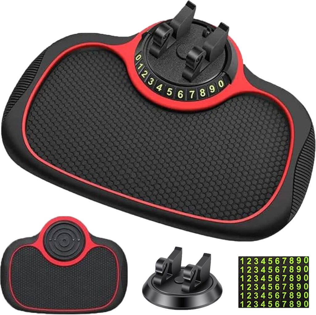 Multifunction Car Anti-Slip Mat Auto Phone Holder, Car Phone Mount Silicone Car Pad Mat, Universal Multifunction Car Dashboard Mat with Phone Holder in Car, for Phones, Keys, Gadgets (Red)