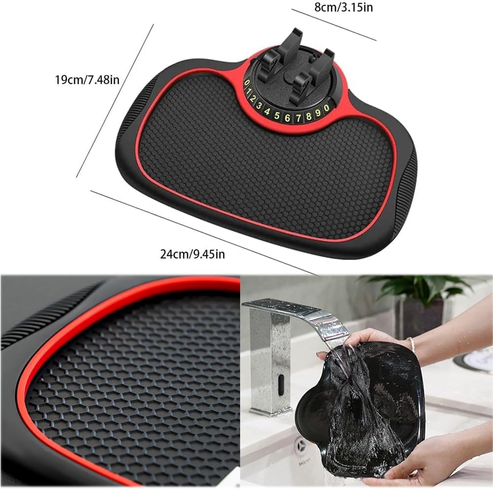 Multifunction Car Anti-Slip Mat Auto Phone Holder, Car Phone Mount Silicone Car Pad Mat, Universal Multifunction Car Dashboard Mat with Phone Holder in Car, for Phones, Keys, Gadgets (Red)