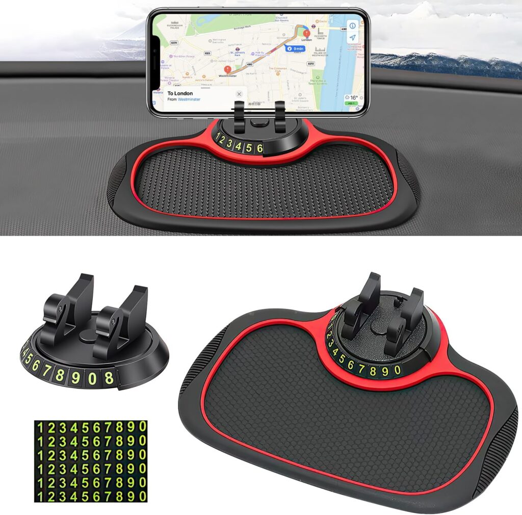 Multifunction Car Anti-Slip Mat Auto Phone Holder, Rotatable Anti Skid Car Dashboard Pad with Temporary Parking Numbe, Universal Phone Holder With Extra Large Pad For Phones Sunglasses Keys Gadgets
