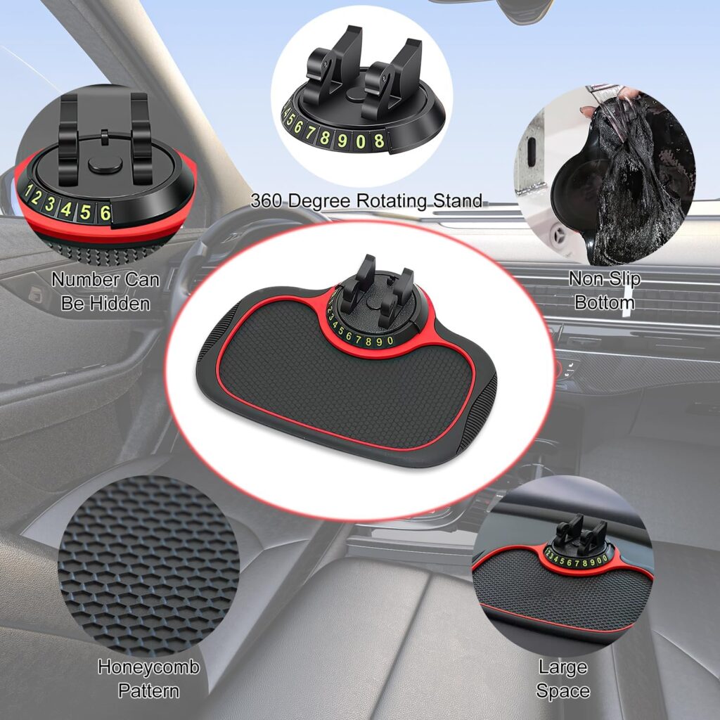 Multifunction Car Anti-Slip Mat Auto Phone Holder, Rotatable Anti Skid Car Dashboard Pad with Temporary Parking Numbe, Universal Phone Holder With Extra Large Pad For Phones Sunglasses Keys Gadgets