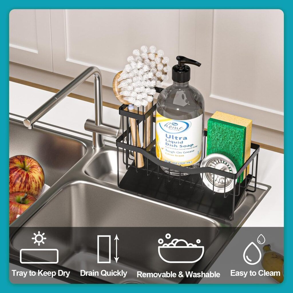 Multifunctional Sponge Holder for Kitchen Sink with High Brush Rack, Sink Caddy with Self Drain Tray, Kitchen Sink Organizer Sponge Caddy for Storage Dish Soap Dispenser - Kitchen Gadgets Accessories
