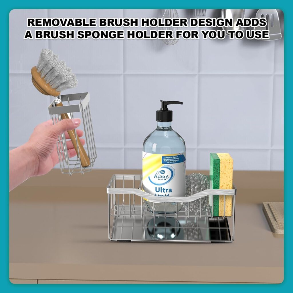 Multifunctional Sponge Holder for Kitchen Sink with High Brush Rack, Sink Caddy with Self Drain Tray, Kitchen Sink Organizer Sponge Caddy for Storage Dish Soap Dispenser - Kitchen Gadgets Accessories