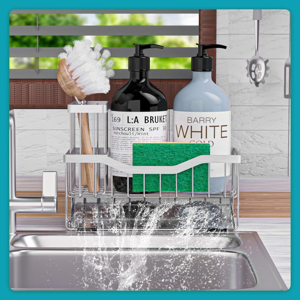 Multifunctional Sponge Holder for Kitchen Sink with High Brush Rack, Sink Caddy with Self Drain Tray, Kitchen Sink Organizer Sponge Caddy for Storage Dish Soap Dispenser - Kitchen Gadgets Accessories