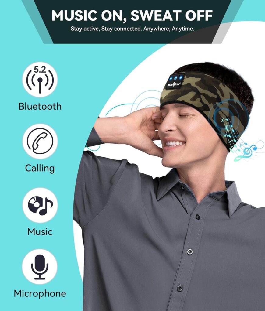 MUSICOZY Sleep Headphones Bluetooth 5.2 Headband, Sports Wireless Earphones Sweat Resistant Earbuds with Ultra-Thin HD Stereo Speaker for Workout Running Cool Gadgets Unique Gifts