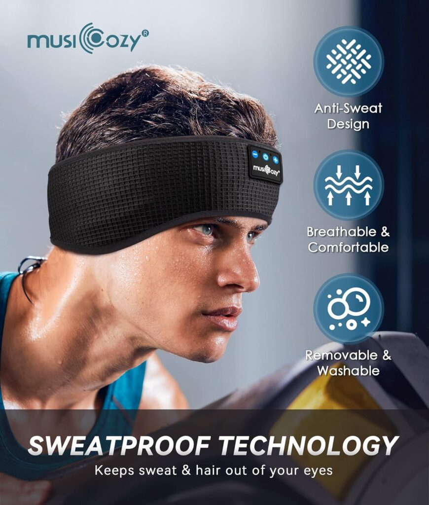 MUSICOZY Sleep Headphones Bluetooth 5.2 Headband, Sports Wireless Earphones Sweat Resistant Earbuds with Ultra-Thin HD Stereo Speaker for Workout Running Cool Gadgets Unique Gifts