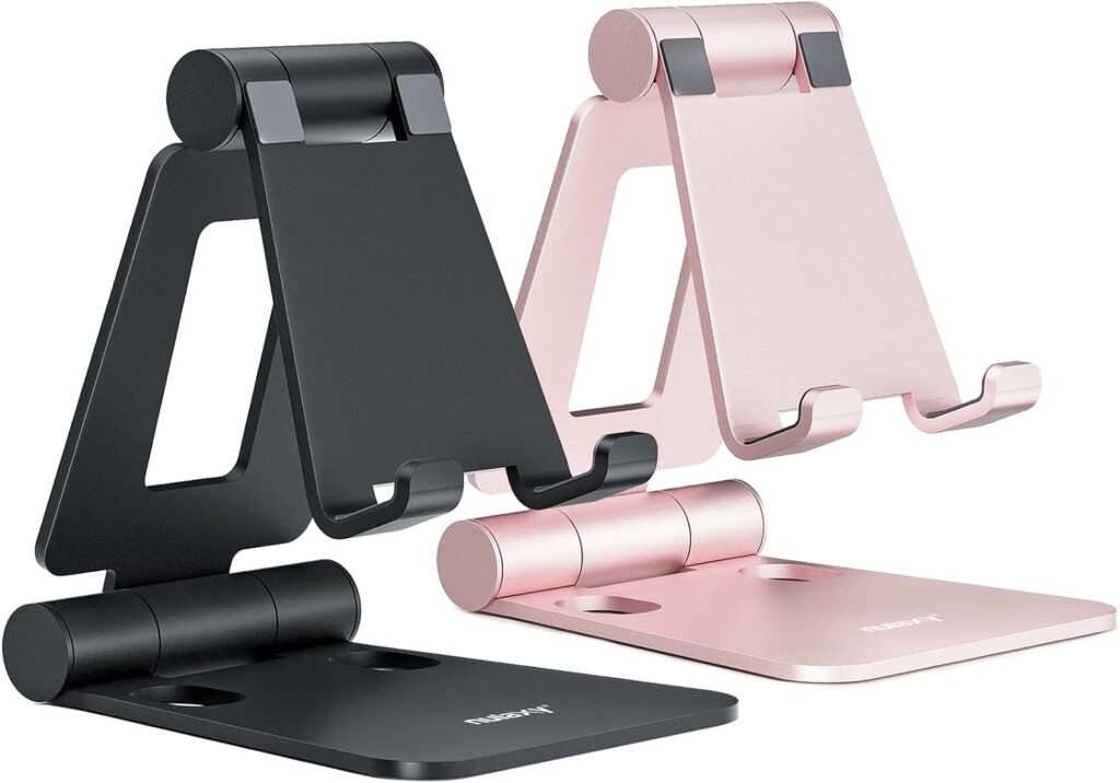Nulaxy 2 Pack Dual Folding Cell Phone Stand, Fully Adjustable Foldable Desktop Phone Holder Cradle Dock Compatible with Phone 14 13 12 Pro Xs Xs Max Xr, All Phones, Black  Rose Gold