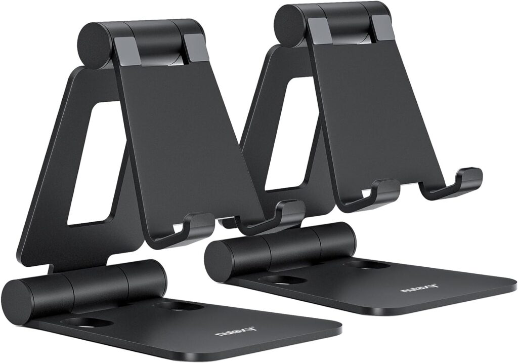 Nulaxy 2 Pack Dual Folding Cell Phone Stand, Fully Adjustable Foldable Desktop Phone Holder Cradle Dock Compatible with Phone 14 13 12 Pro Xs Xs Max Xr, All Phones, Black  Rose Gold