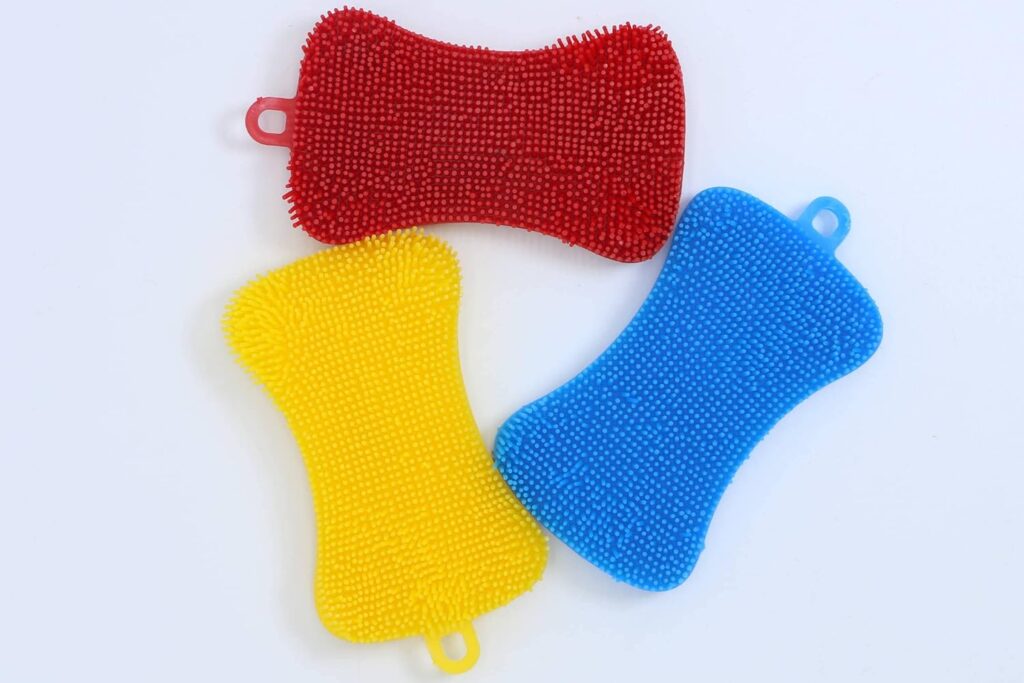 ok.Silicone Sponge Dish Sponges,Silicone Sponge Dish Washing Kitchen Gadgets Brush Accessories,Kitchen Sponge Double Sided Cleaning Sponges (3 Pack),Yellow,Blue,Red