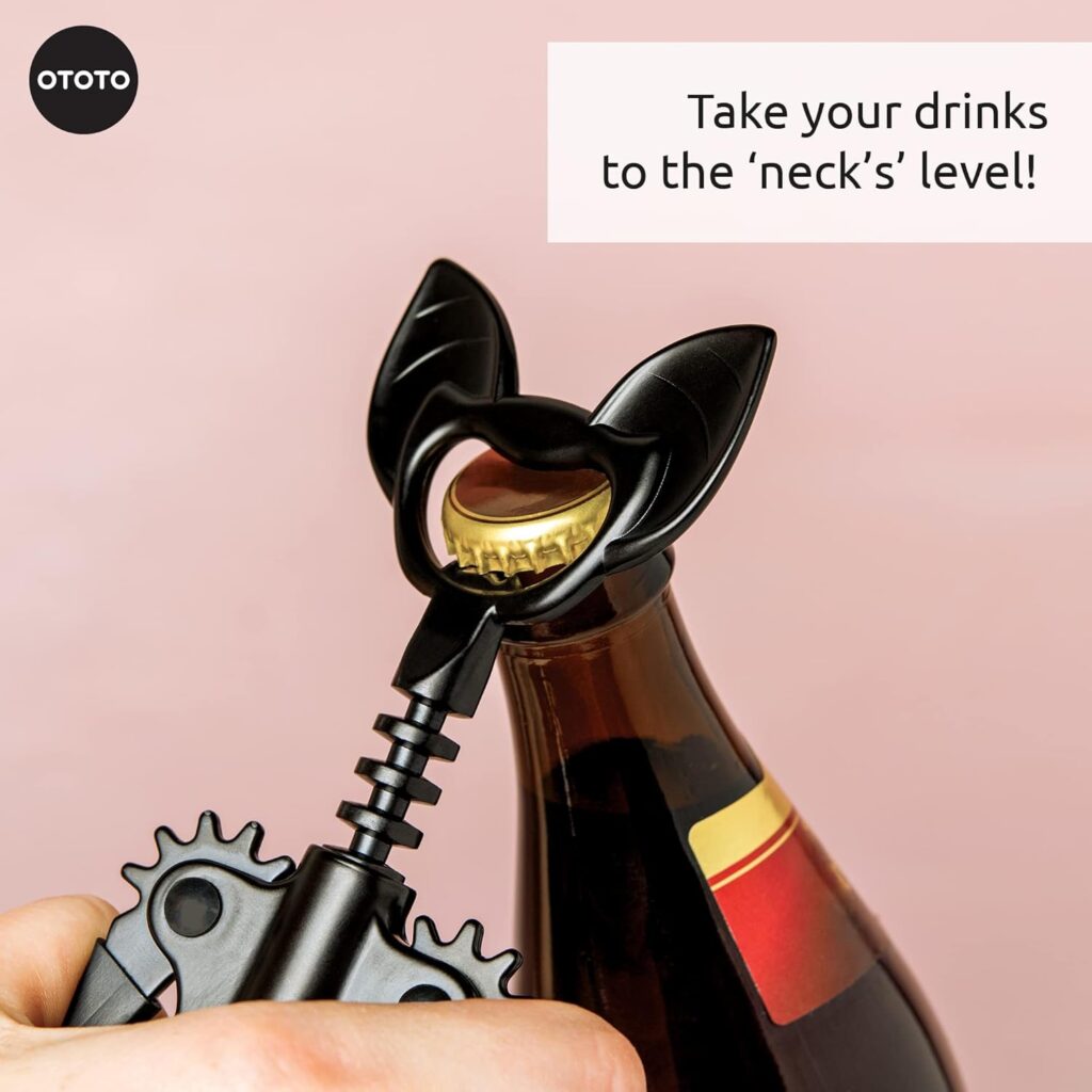 OTOTO Vino Spooky Bat 2-in-1 Wine  Beer Opener, Corkscrew  Bottle Opener - Goth Wine Accessories  Gifts for Wine Lovers