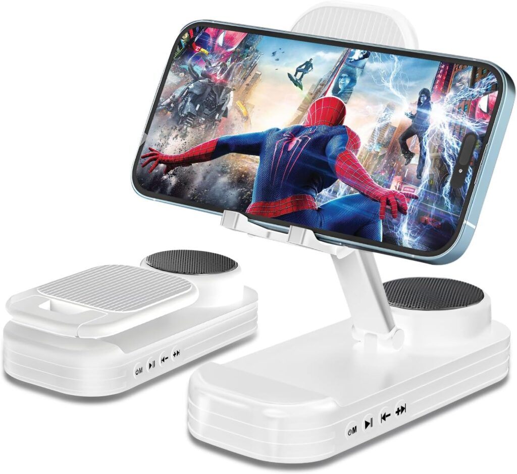 Phone Stand with Speaker HD Surround Sound Bluetooth Speaker Adjustable Phone Holder Desktop Tech Gadgets for Women Men Birthday Valentine Present Idea Outdoor Wireless Speaker - White