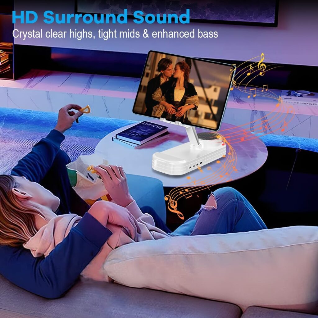 Phone Stand with Speaker HD Surround Sound Bluetooth Speaker Adjustable Phone Holder Desktop Tech Gadgets for Women Men Birthday Valentine Present Idea Outdoor Wireless Speaker - White