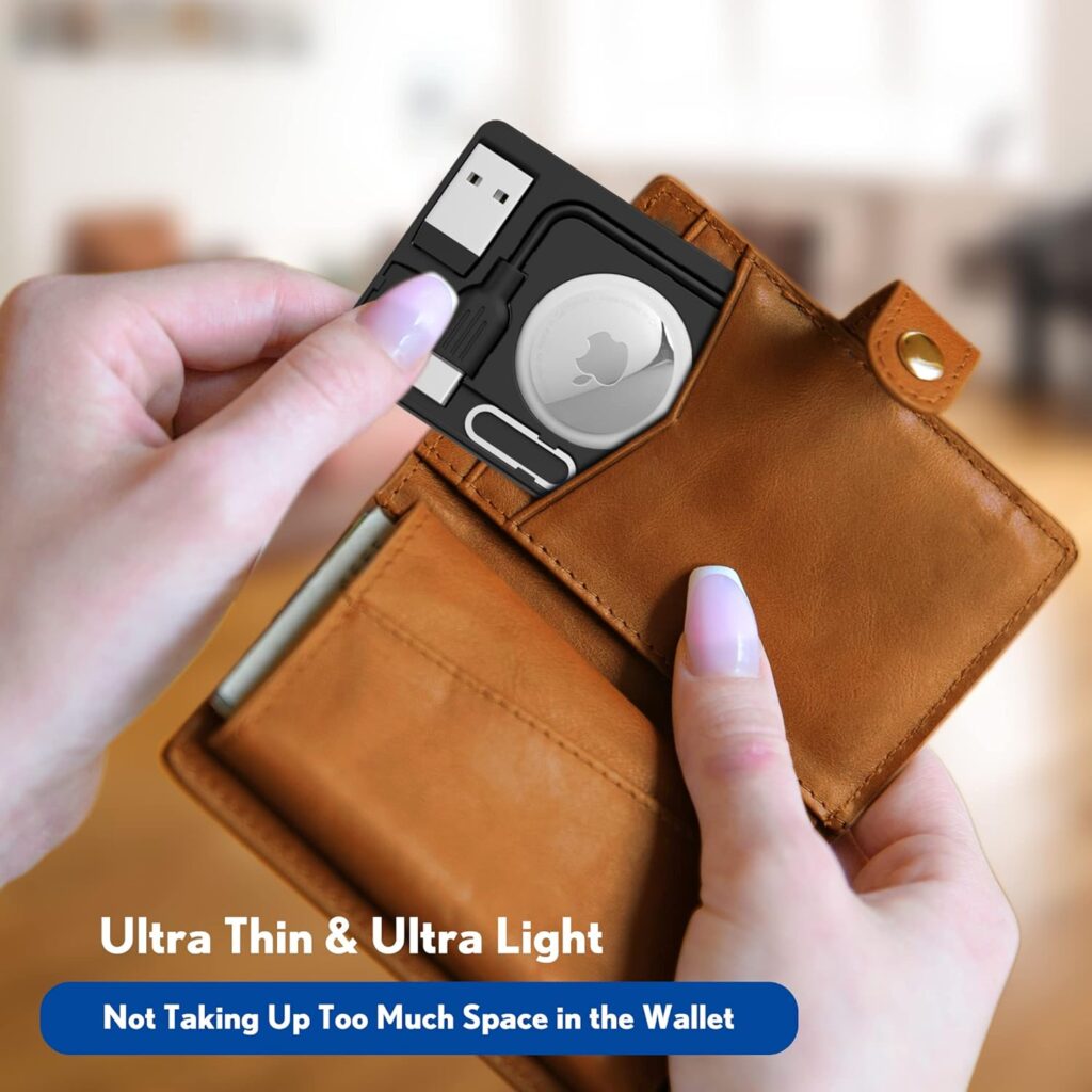 PZOZ Airtag Wallet Holder with USB C to Lightning Charging Cable SIM Adapter Storage Case, Charger Cord Type C USB A 3.1 OTG Converter Kit Card Gadgets Air Tag Men Women, Fit for Apple iPhone