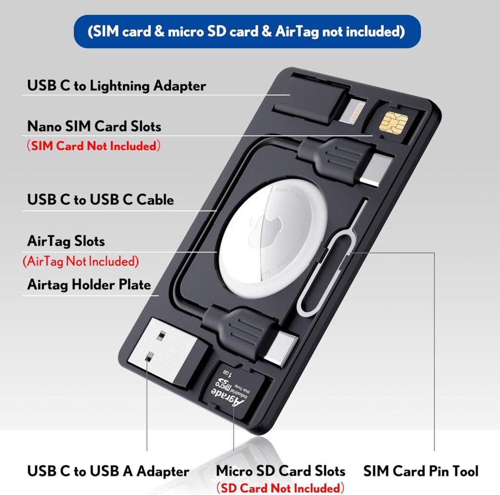 PZOZ Airtag Wallet Holder with USB C to Lightning Charging Cable SIM Adapter Storage Case, Charger Cord Type C USB A 3.1 OTG Converter Kit Card Gadgets Air Tag Men Women, Fit for Apple iPhone