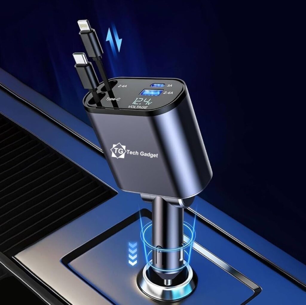 Retractable Car Charger, 120W 4 in 1 Super Fast Car Charger for iPhone 15/14/13/12 and Type C with Retractable Cables (31.5 inch) and 2 USB Ports with Premium Look and Safety