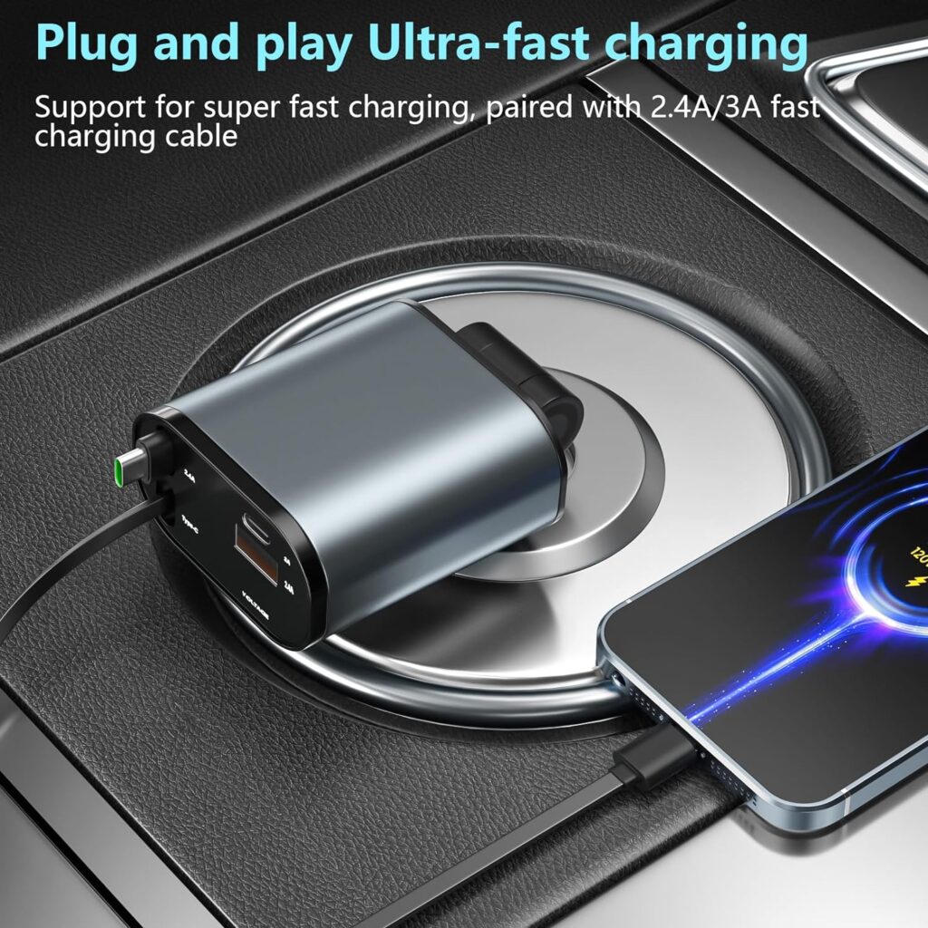 Retractable Car Charger, 4 in1 Fast Car Phone Charger 120W, 2.7Ft Retractable Cables and 4 Electronic Ports, Car Charger Compatible for iOS  Android Cell Phones All Device Charging