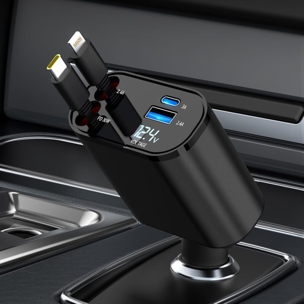 Retractable Car Charger, 60W 4 in 1 Fast Charging Car Charger, Retractable Cable and 2 USB Ports Car Charger Adapter Compatible with iPhone 15 14 13 12 11 Pro Max, Galaxy S23, Pixel Car Charger