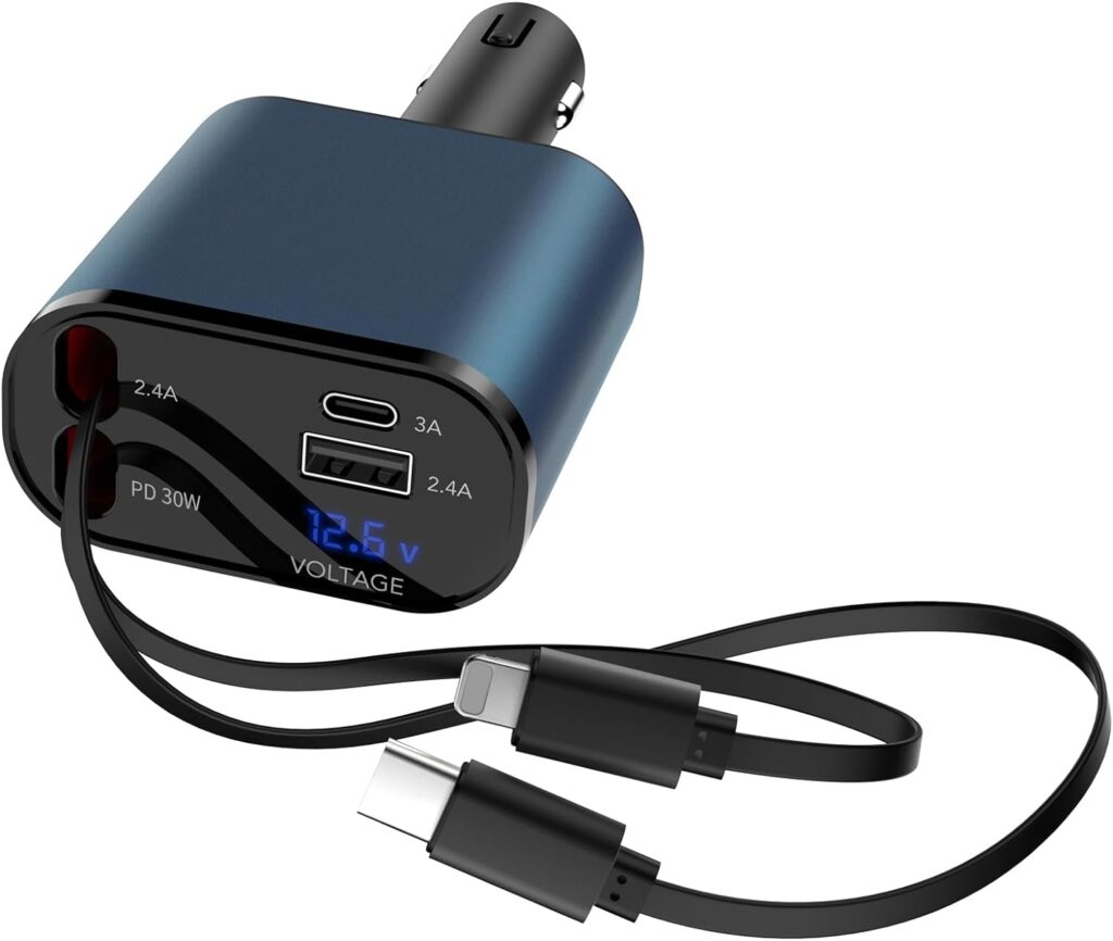 Retractable Car Charger, 60W 4 in 1 Fast Charging Car Charger, Retractable Cable and 2 USB Ports Car Charger Adapter Compatible with iPhone 15 14 13 12 11 Pro Max, Galaxy S23, Pixel Car Charger