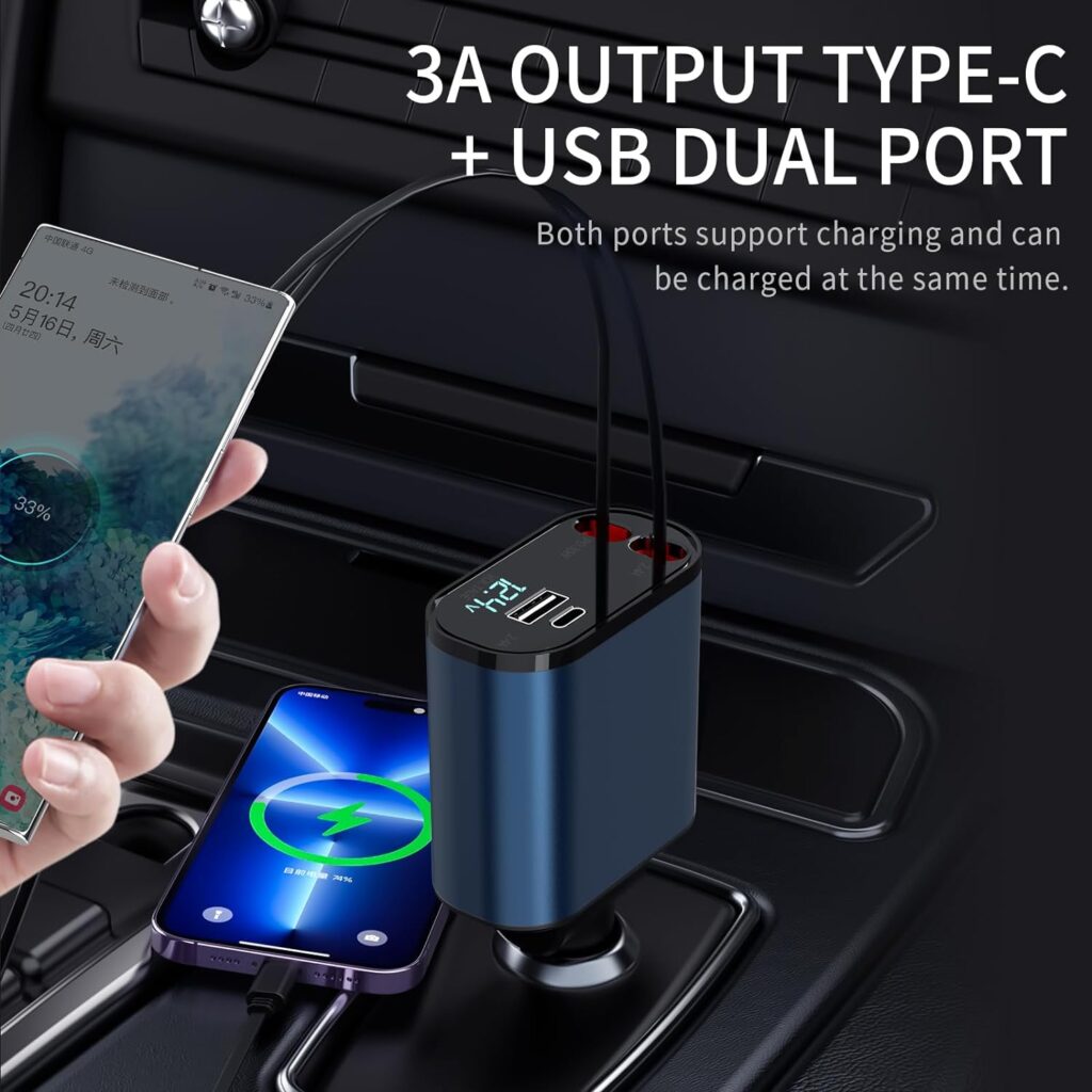 Retractable Car Charger, 60W 4 in 1 Fast Charging Car Charger, Retractable Cable and 2 USB Ports Car Charger Adapter Compatible with iPhone 15 14 13 12 11 Pro Max, Galaxy S23, Pixel Car Charger